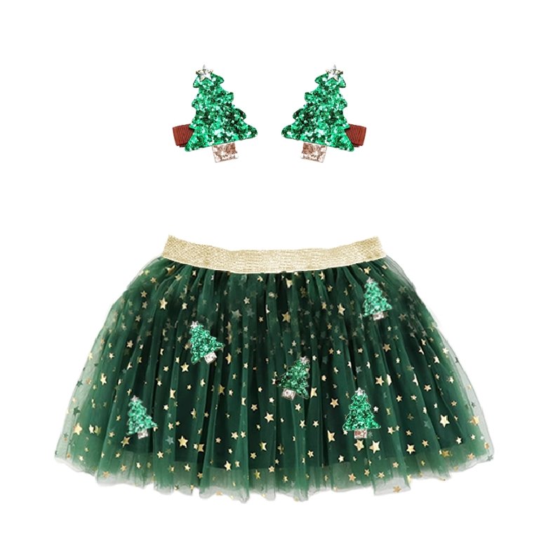 Christmas Tree Tutu Skirt & Sequin Christmas Tree Hair Clips Set