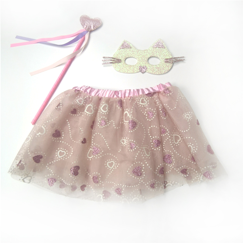 Heart Print Tutu Skirt, Cat Mask & Heart Wand Set