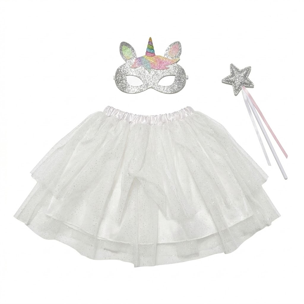 White Glitter Tutu Skirt, Unicorn Mask & Star Wand Set
