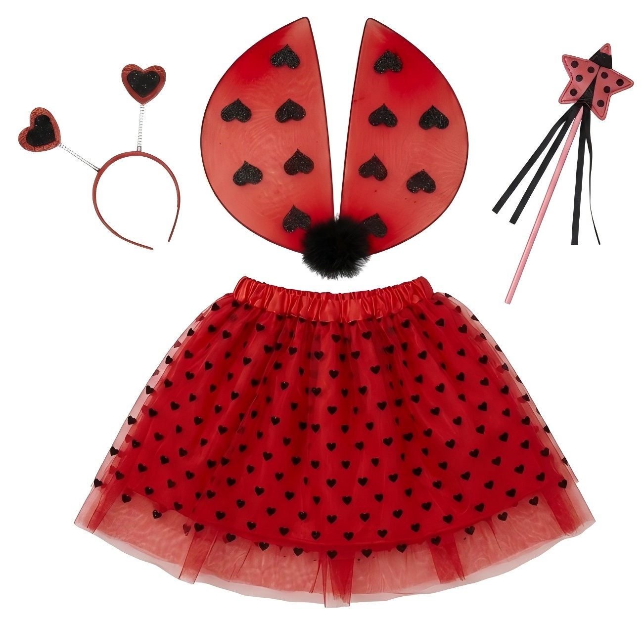 Ladybug Heart Print Tutu Skirt, Ladybug Wings, Headband & Star Wand Set