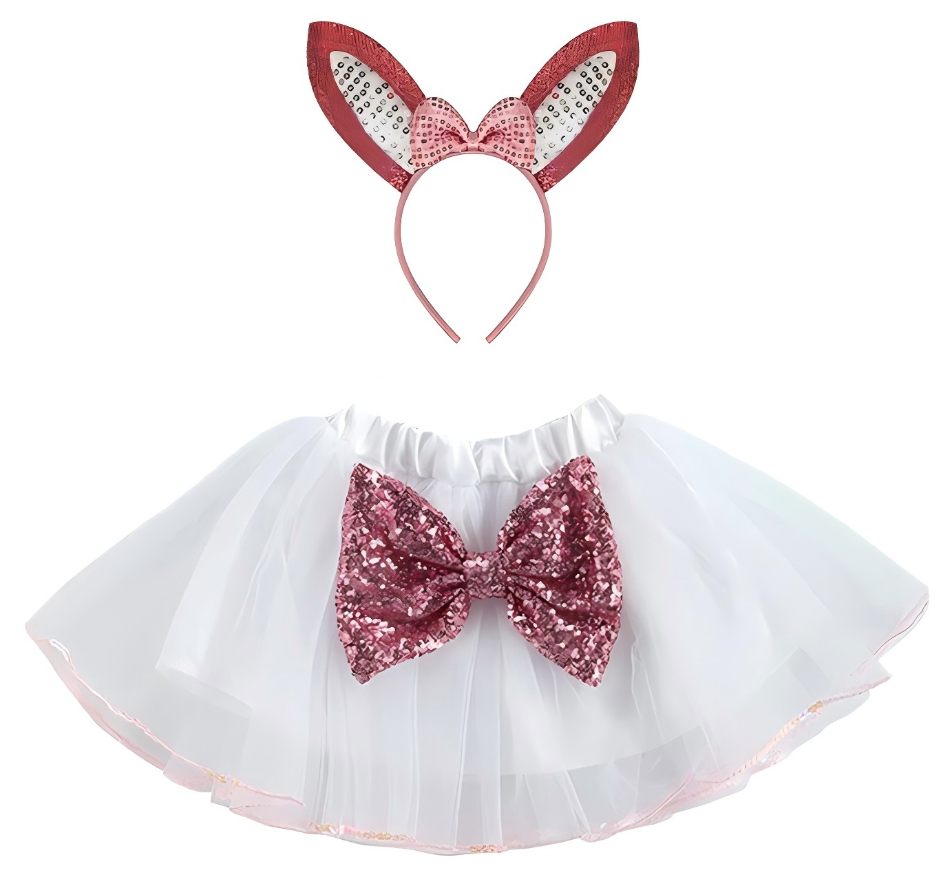 White Bow Tutu Skirt & Glitter Bunny Ear Headband Set