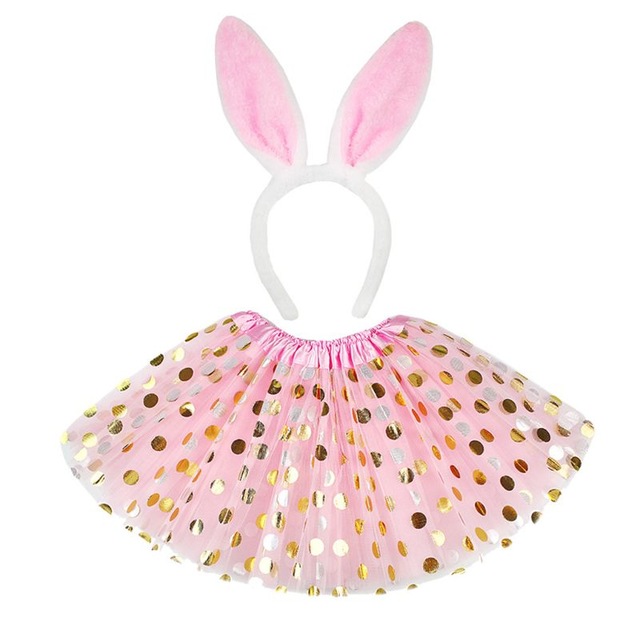 Pink Gold Polka Dot Tutu Skirt & Bunny Ear Headband Set