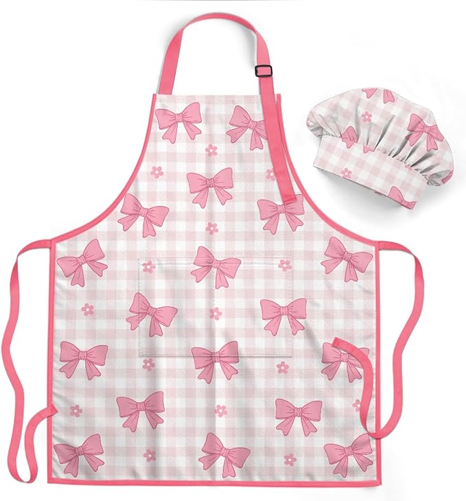 Pink Gingham Bow Apron & Chef Hat Set