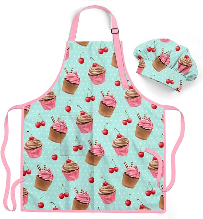 Cupcake & Cherry Apron with Matching Chef Hat Set
