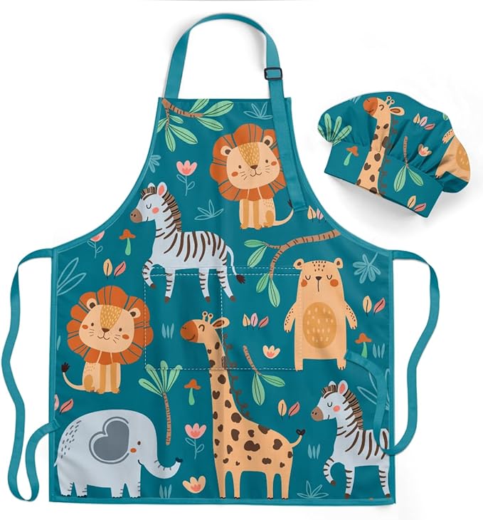 Jungle Wild Animal Apron with Matching Chef Hat Set
