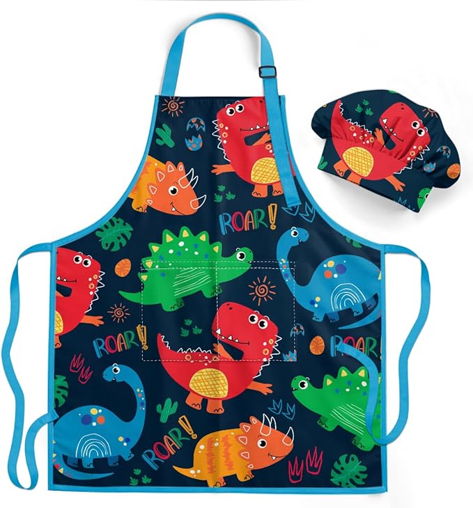 Cartoon Dinosaur Apron with Matching Chef Hat Set