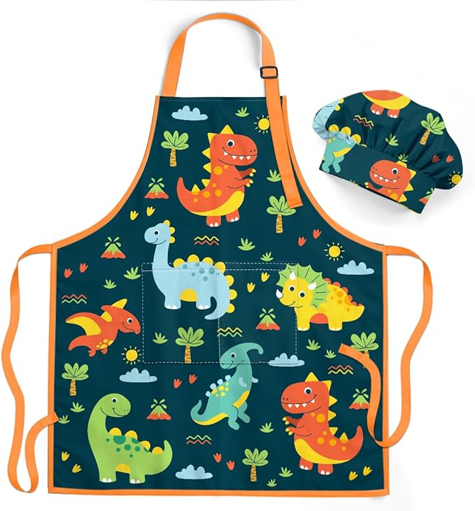 Cartoon Dinosaur Apron with Matching Chef Hat Set
