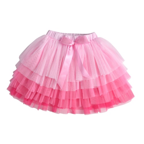 Gradient Pink Multi-Layer Ruffle Tulle Tutu Skirt with Satin Bow for Girls