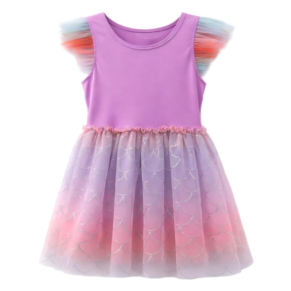 Gradient Mermaid Scale Tulle Ruffle Sleeve Dress For Girls