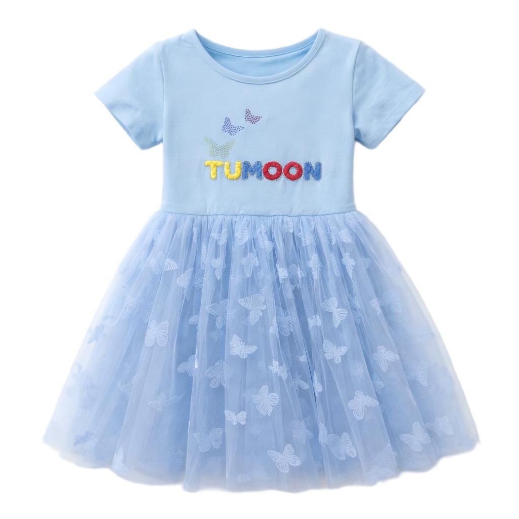 TUMOON Butterfly Print Light Blue Tulle Short Sleeve Girls Tutu Dress