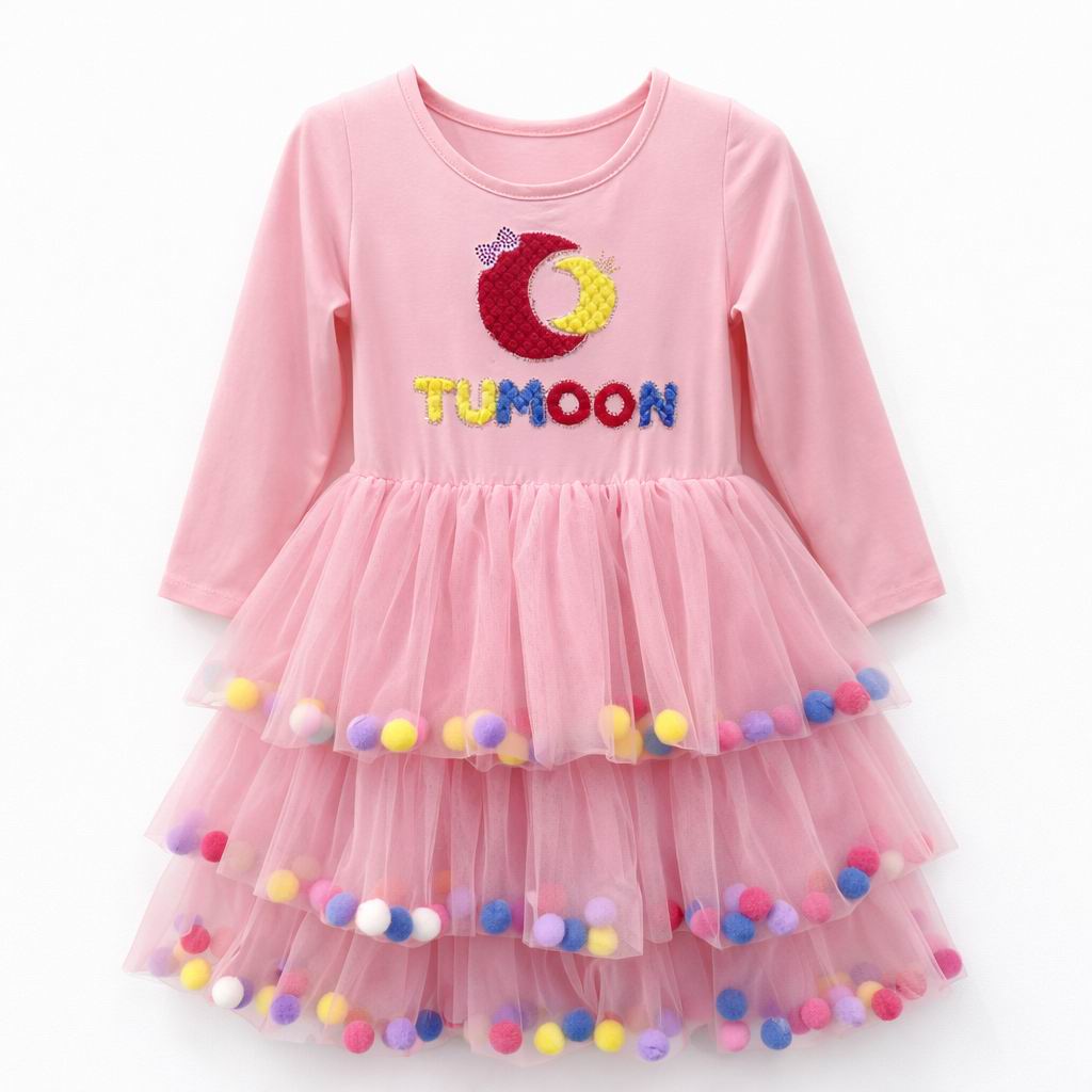 TUMOON Moon Embroidery Color Pom Pom Tiered Tulle Long Sleeve Girls Dress