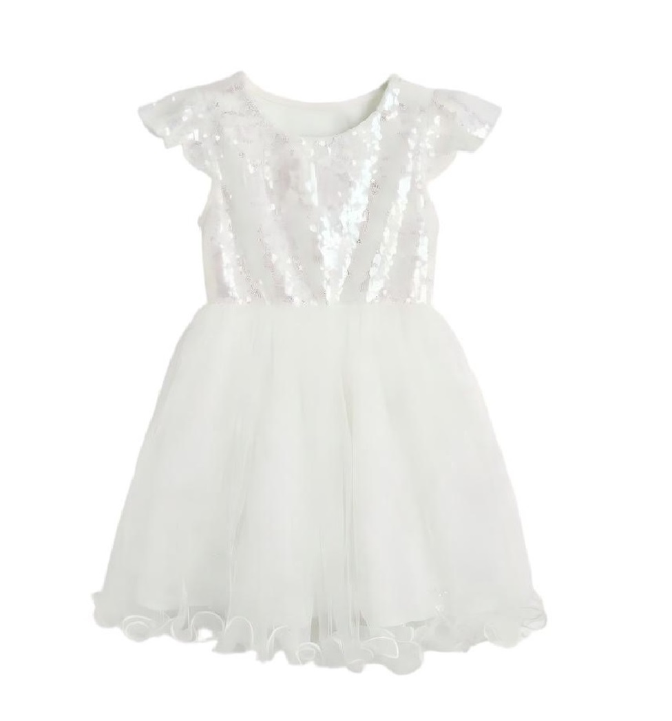 White Full Sequin Ruffle Sleeve Girls Tulle Princess Dress