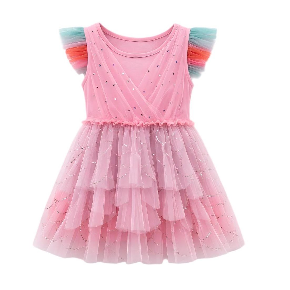Pink Rainbow Ruffle Sleeve Glitter Tiered Tulle Girls Dress