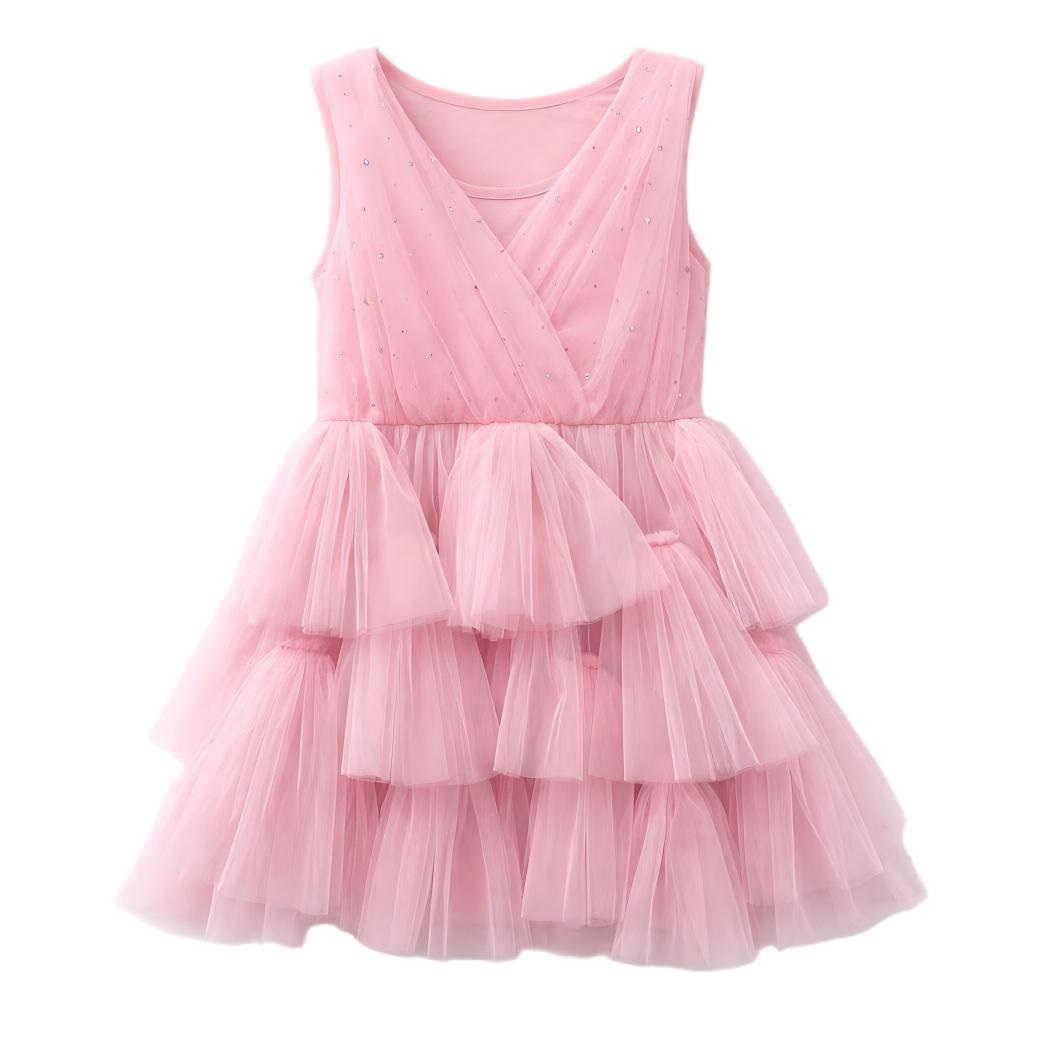 Pink Sleeveless Crisscross Rhinestone Multi-Layer Tulle Tutu Dress