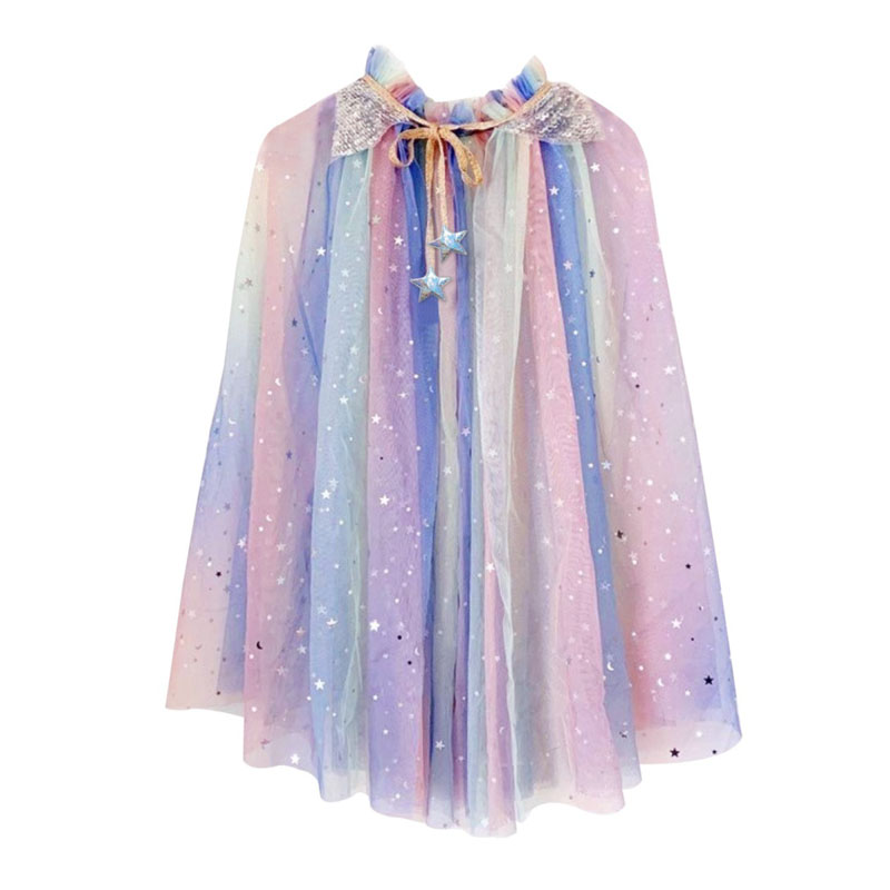Pastel Rainbow Gradient Star Tulle Kids Fairy Cape With Sequin Wing Collar & Star Pendant