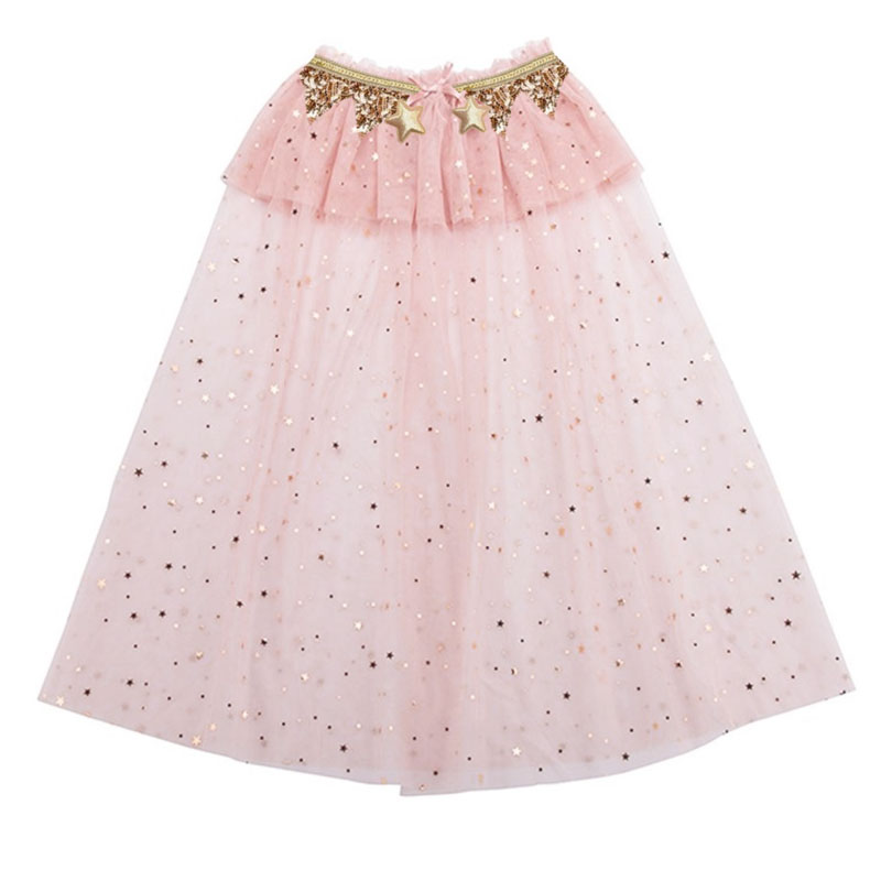 Blush Pink All-Over Gold Star Glitter Tiered Tulle Kids Cape With Sequin Waist Frill & Star Ornament Tie