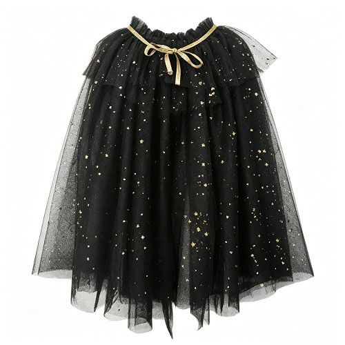 Black Star Glitter Irregular Layered Tulle Kids Cape With Ruffle Neck & Golden Satin Ribbon Tie