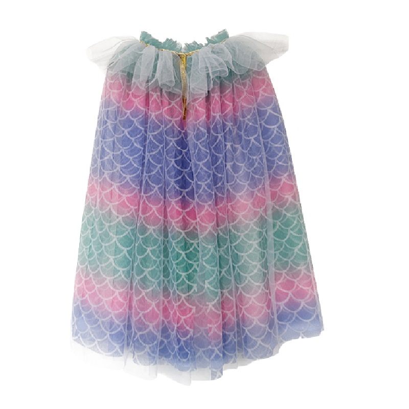 Gradient Rainbow Mermaid Scale Long Tulle Kids Cape With Ruffle Cap Shoulder