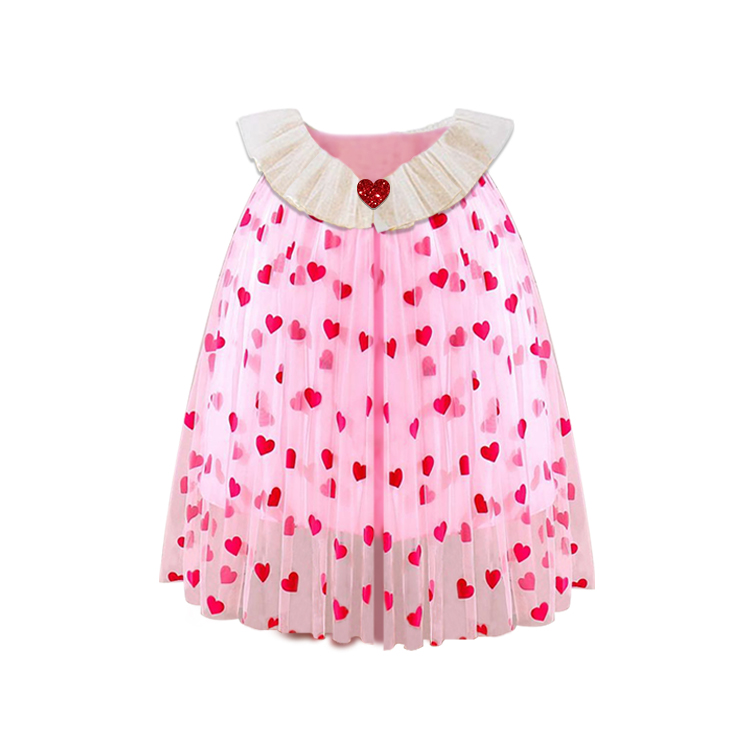Pink All-Over Red Heart Print Tulle Kids Cape With Ruffle Neck & Red Glitter Heart Ornament