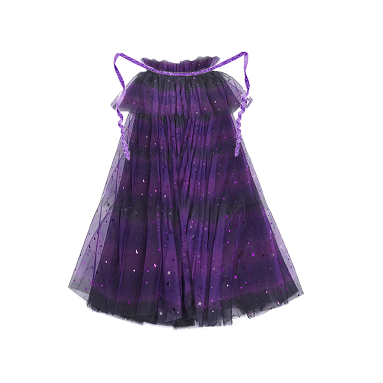 Gradient Purple Star & Moon Glitter Tulle Kids Cape With Purple Glitter Ribbon Waist Ties