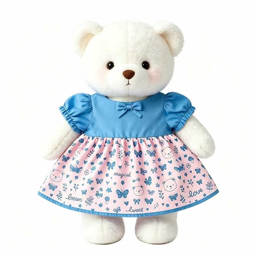 Blue Puff Sleeve Top with Pink Bear Butterfly Print Skirt Dress