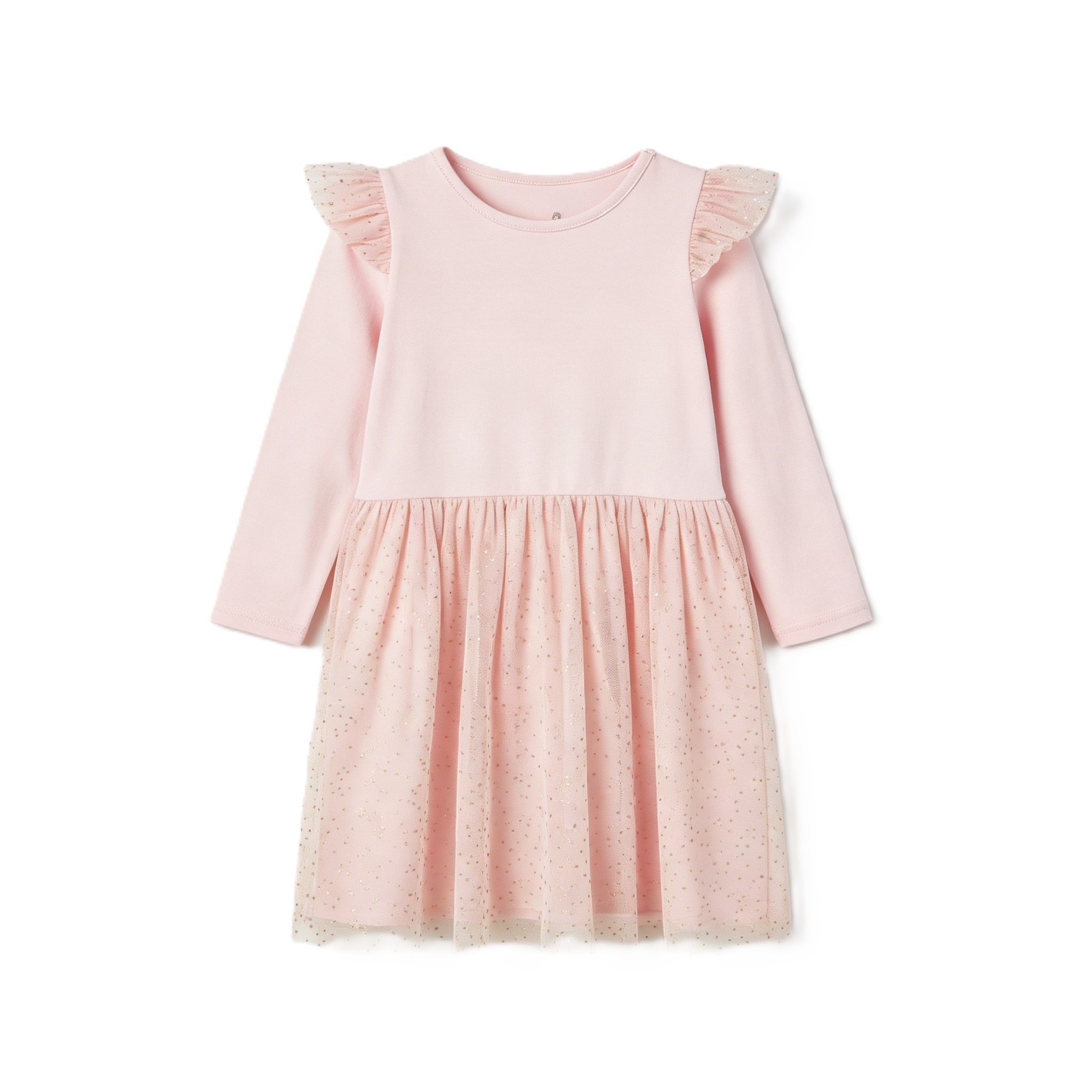 Pink Long‑Sleeve Glitter‑Dot Tulle Ruffle‑Shoulder Girls Casual Party Dress