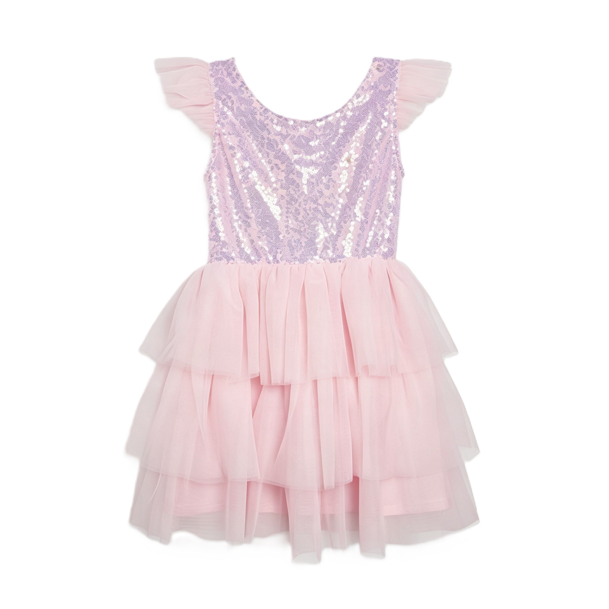 Lilac‑Pink Sequin‑Bodice Ruffle‑Shoulder Multi‑Tiered Tulle Girls Party Dress