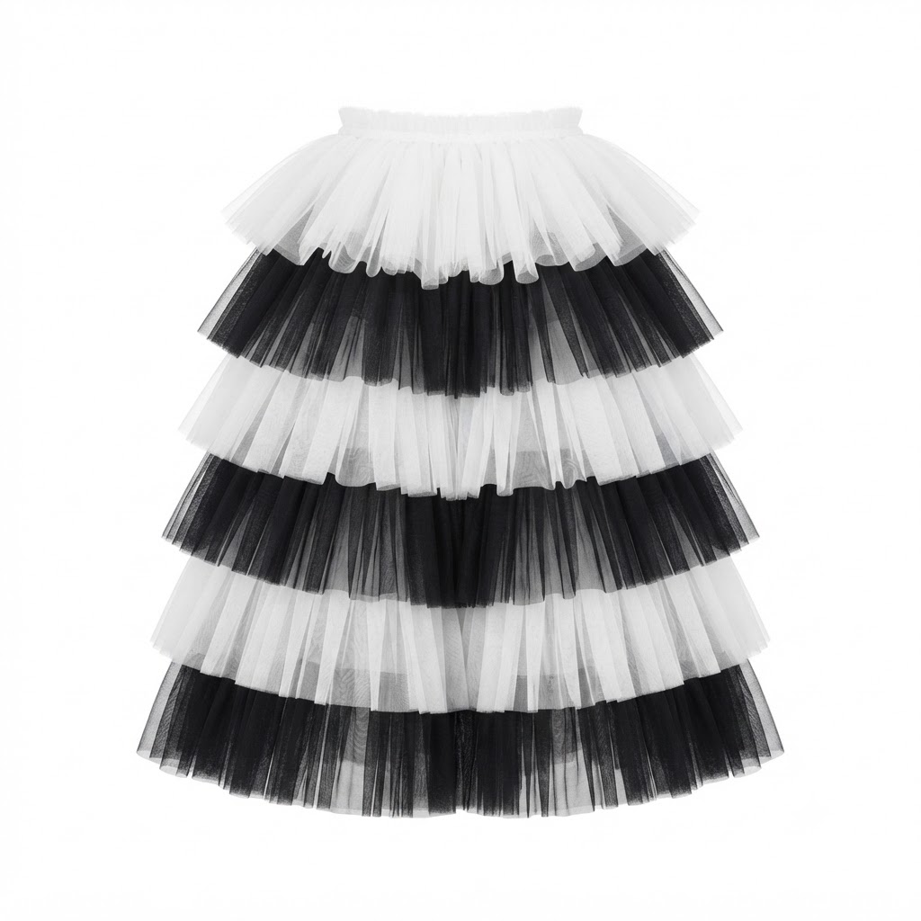 Black‑White Alternating Tiered Layered Tulle Fairy Cape