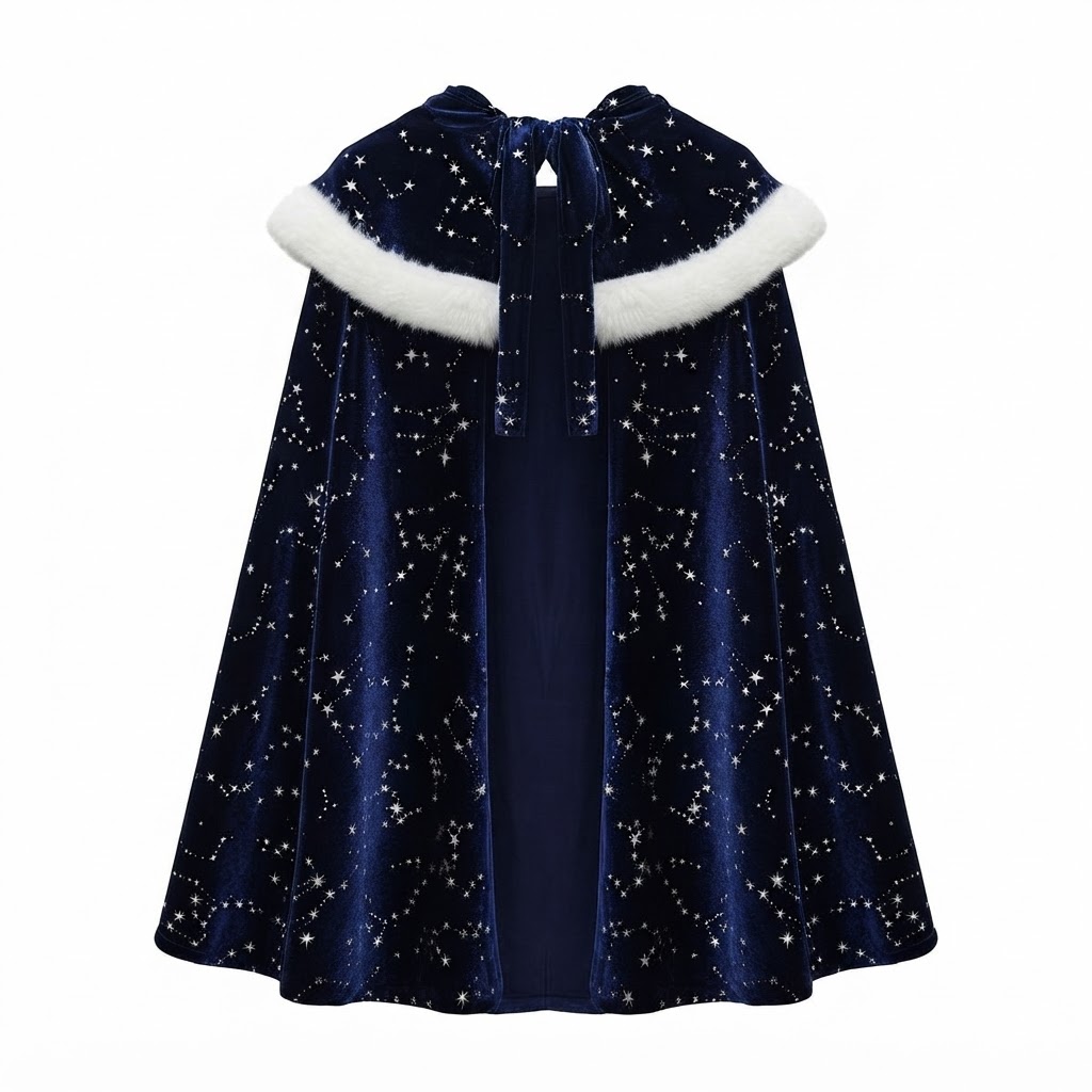 Navy‑Blue Velvet Star‑Constellation Cape With White Fur Trim and Neck Tie