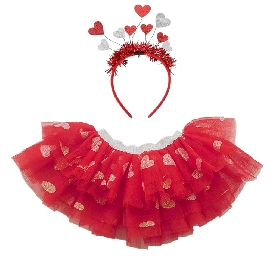 Girls Red Ruffled Tutu Skirt with Glitter Heart Headband Set