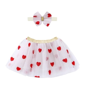 Girls White Tulle Skirt with Red Glitter Hearts & Bow Headband Set