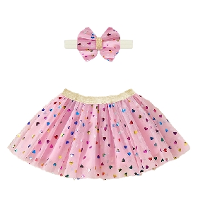 Girls Pink Tutu Skirt with Multicolor Heart Print & Matching Bow Headband