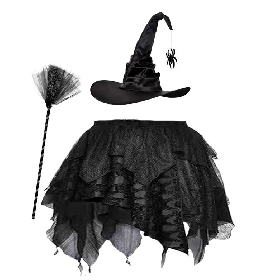 Girls Gothic Witch Costume Set – Black Hat, Lace Skirt and Broom