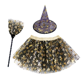 Girls Halloween Witch Costume Set – Purple Hat, Pumpkin Tulle Skirt & Broom