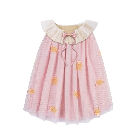 Pink Tulle Dress with Gingerbread Man Embroidery