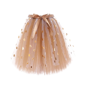 Beige Tulle Skirt with Gold Polka Dots