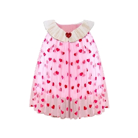 Pink Heart - print Tulle Dress with Ruffled Collar