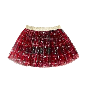 Festive Red Plaid & Star Tulle Skirt for Girls