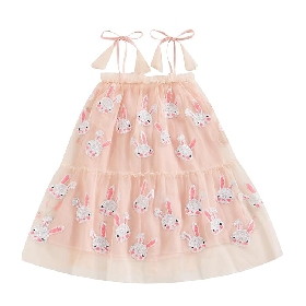 Light Pink Rabbit - Embroidered Kids Sundress
