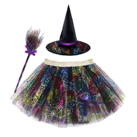 Rainbow Spiderweb Witch Tutu Skirt, Witch Hat & Broom Set