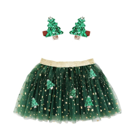 Christmas Tree Tutu Skirt & Sequin Christmas Tree Hair Clips Set