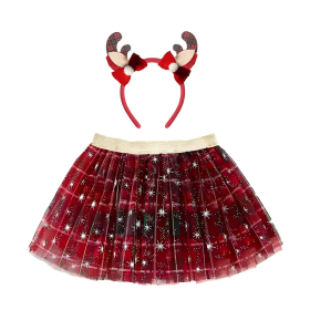 Christmas Plaid Tutu Skirt & Reindeer Antler Headband Set