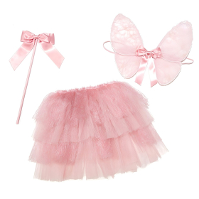 Pink Tiered Glitter Tutu Skirt, Lace Butterfly Wings & Bow Wand Set