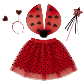 Ladybug Heart Print Tutu Skirt, Ladybug Wings, Headband & Star Wand Set