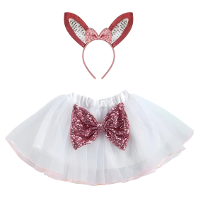 White Bow Tutu Skirt & Glitter Bunny Ear Headband Set
