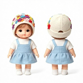 Colorful Flower Hat Denim Pinafore Doll Costume Set
