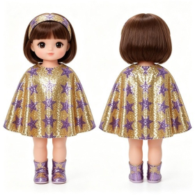 Gold & Purple Star Sequin Cape Doll Costume Set