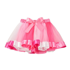 Pink White Satin Ruffle Tulle Tutu Skirt with Big Bow for Girls