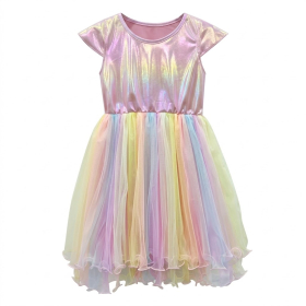 Iridescent Rainbow Tulle Cap Sleeve Princess Dress For Girls