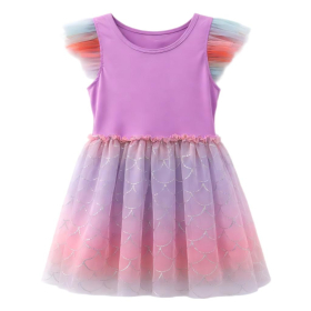 Gradient Mermaid Scale Tulle Ruffle Sleeve Dress For Girls